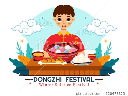 Dongzhi Festival Translation. Winter Solstice Festival Vector Illustration featuring Chinese Foods Tangyuan and Jiaozi in a Traditional Background Dongzhi Festival Translation. Winter Solstice Festival Vector Illustration featuring Chinese Foods Tangyuan and Jiaozi in a Traditional Background 120478823