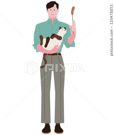 一個男人站著抱著一隻貓，收養者，寄養家庭 120478853