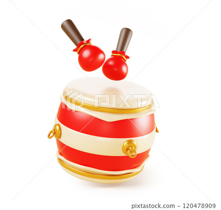 3d Chinese drum isolated cartoon render icon. Traditional red gold percussion music instrument for asian festival, New Year celebration, theatre and dance performance, buddhist ritual. 3D illustration 3d Chinese drum isolated cartoon render icon. Traditional red gold percussion music instrument for asian festival, New Year celebration, theatre and dance performance, buddhist ritual. 3D illustration 120478909
