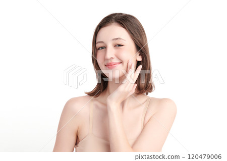 Beautiful young woman with clean fresh skin on white background, Face care, Facial treatment, Cosmetology, beauty and spa, women portrait. 120479006