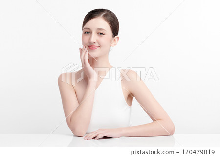 Beautiful young woman with clean fresh skin on white background, Face care, Facial treatment, Cosmetology, beauty and spa, women portrait. 120479019