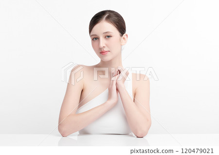 Beautiful young woman with clean fresh skin on white background, Face care, Facial treatment, Cosmetology, beauty and spa, women portrait. 120479021