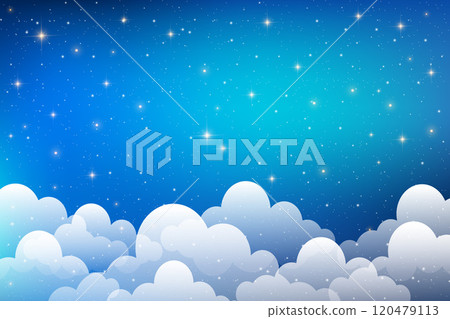 Night sky background with clouds and stars. Vector magic space illustration. Dreamy blue gradient galaxy. Cartoon cosmic fantasy universe landscape 120479113