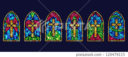 Church glass windows set. Gothic cathedral color stained frames. Catholic vector vintage architecture religion mosaic elements isolated on white background. Church glass windows set. Gothic cathedral color stained frames. Catholic vector vintage architecture religion mosaic elements isolated on white background. 120479115