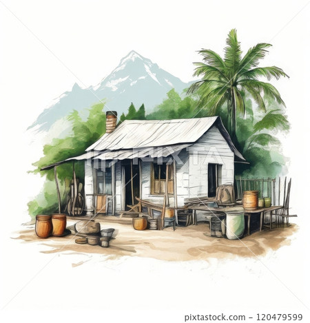 the AI Image Generator, Rustic Countryside Hut Surrounded by Lush Greenery 120479599