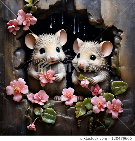 cute mice sitting together in flower blossom petals, mouse couple in love romantic 120479600