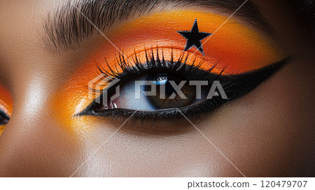 AI-generated item. Close-up of woman's eye with a graphic orange make-up with star. 120479707