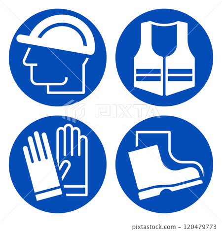 Safety signs - must be worn symbols , Wear helmet, wear safety shoes, wear gloves and wear protective vest. Safety signs - must be worn symbols , Wear helmet, wear safety shoes, wear gloves and wear protective vest. 120479773