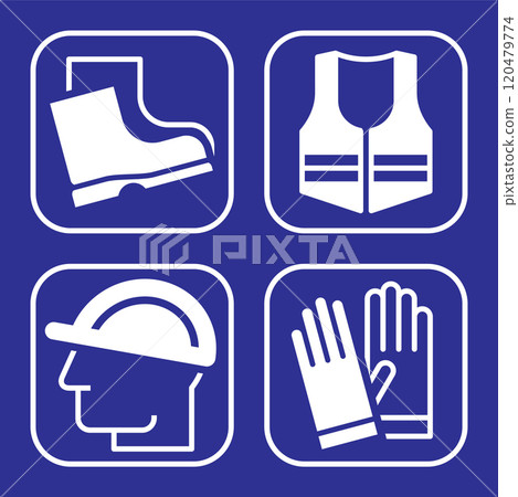 Safety signs - must be worn symbols , Wear helmet, wear safety shoes, wear gloves and wear protective vest. Safety signs - must be worn symbols , Wear helmet, wear safety shoes, wear gloves and wear protective vest. 120479774