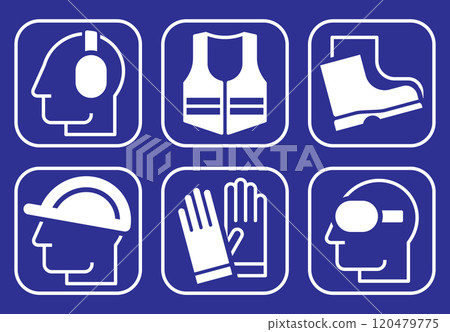 Safety signs - must be worn symbols, wear hearing protection, wear helmet, wear safety shoes, wear gloves, wear protective vest and wear safety glasses. Mandatory safety icons Safety signs - must be worn symbols, wear hearing protection, wear helmet, wear safety shoes, wear gloves, wear protective vest and wear safety glasses. Mandatory safety icons 120479775