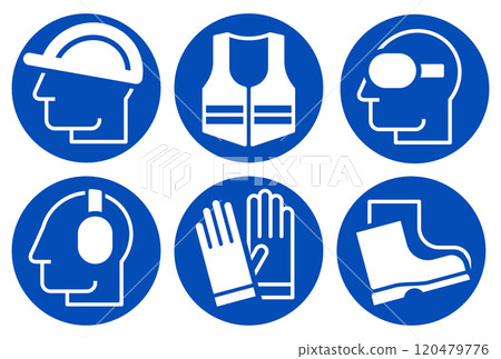 Safety signs - must be worn symbols, wear hearing protection, wear helmet, wear safety shoes, wear gloves, wear protective vest and wear safety glasses. Mandatory safety icons Safety signs - must be worn symbols, wear hearing protection, wear helmet, wear safety shoes, wear gloves, wear protective vest and wear safety glasses. Mandatory safety icons 120479776
