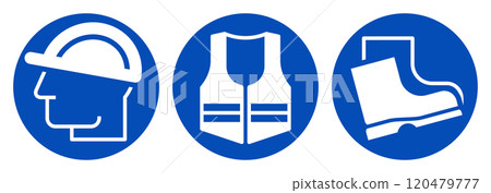 Safety Signs - must be worn symbols , Wear helmet, wear safety shoes, and wear protective vest. Safety Signs - must be worn symbols , Wear helmet, wear safety shoes, and wear protective vest. 120479777