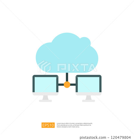 A simple graphic illustration showing two computer monitors connected to a cloud, symbolizing cloud computing and data sharing. A simple graphic illustration showing two computer monitors connected to a cloud, symbolizing cloud computing and data sharing. 120479804