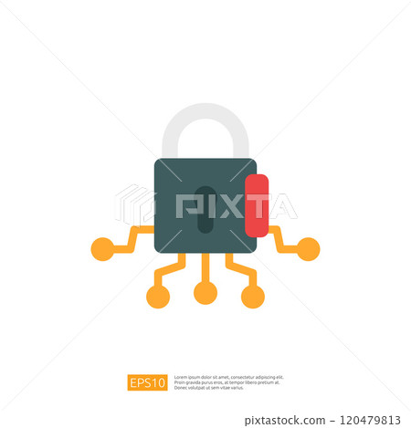 A stylized illustration of a padlock with circuit-like lines, symbolizing digital security and technology. 120479813