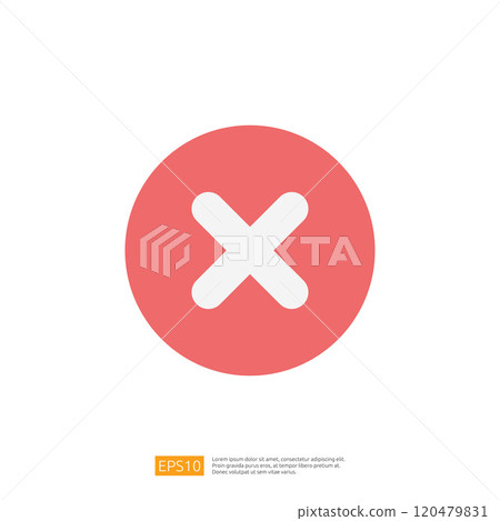 The image features a simple design of a red circular button with a white cross symbol in the center, commonly used to indicate cancellation or closing actions. 120479831