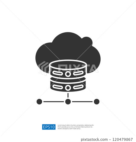 The image depicts a cloud symbol above two stacked database servers, representing cloud computing and data storage concepts. 120479867
