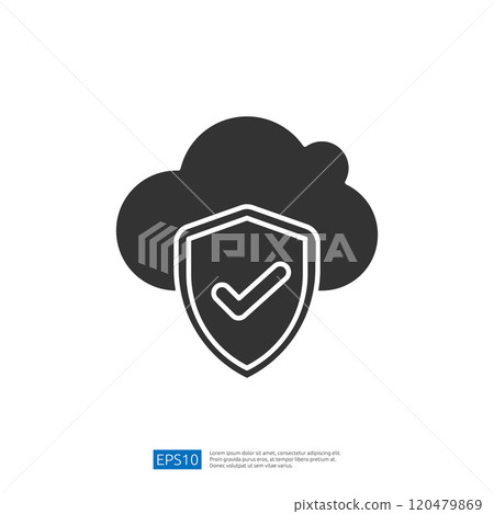The image features a cloud with a shield in front of it, symbolizing security and protection in cloud computing or data storage. 120479869