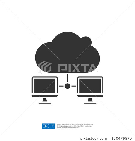 The image depicts a cloud symbol connected to two computer monitors, representing cloud computing and data sharing. 120479879