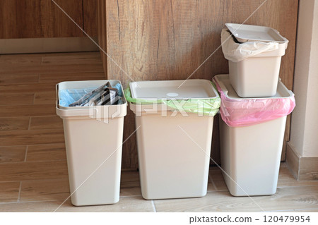 Separate sorting of garbage at home. Colorful bags and containers. Ecology and safe waste. Separate sorting of garbage at home. Colorful bags and containers. Ecology and safe waste. 120479954