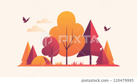 Flat Design Illustration of Camping Tent in Forest with Pine Trees in Autumn Fall Season Flat Design Illustration of Camping Tent in Forest with Pine Trees in Autumn Fall Season 120479995
