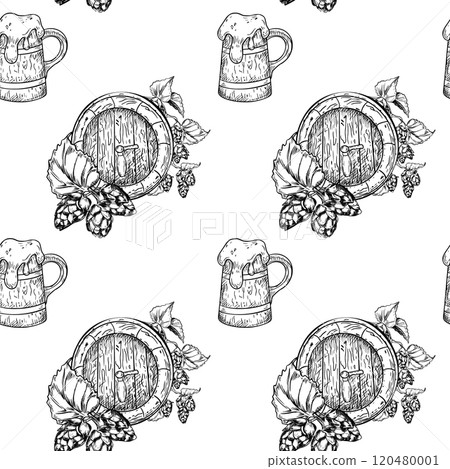 Wooden beer barrel and bunch of hop cones black white vector seamless pattern isolated. Tankard beer and humulus plant on repeated texture hand drawn engraving for design textile, packaging, paper. 120480001