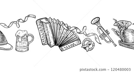 Seamless vector pattern black white of traditional Oktoberfest elements beer mugs, accordion, trumpet, pretzel, Bavarian hat, and decorations isolated for festive designs, posters, event invitations. 120480003