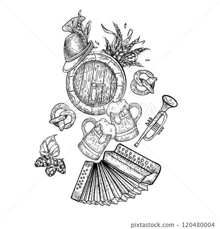 Oktoberfest vector illustration. Wooden barrel, German hat, accordion, cone hops black white graphic art isolated. Pretzel, wheat ears, trumpet and beer mug in monochrome hand drawn design banner. 120480004