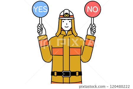 A firefighter in a fire suit holding a stick showing correct and incorrect answers 120480222