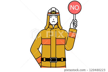 身穿消防服的消防員拿著棍子表示錯誤答案 身穿消防服的消防員拿著棍子表示錯誤答案 120480223