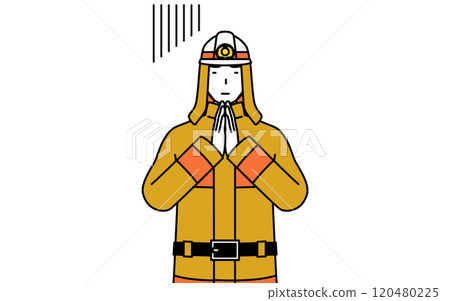 一名身穿消防服的消防員雙手合十放在身前道歉。 120480225