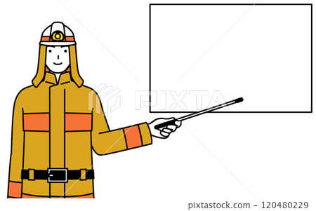 身穿防火服的消防員用指點桿指著白板 身穿防火服的消防員用指點桿指著白板 120480229