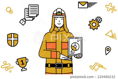 Image of digital transformation: a firefighter in a fire suit using digital technology to improve operations 120480232