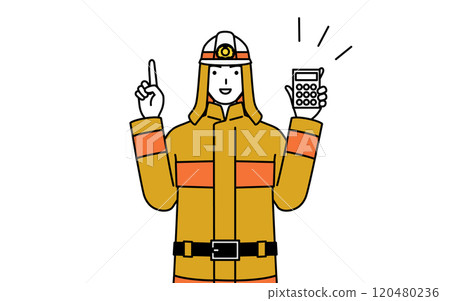 A firefighter in a fire suit holding a calculator and pointing 120480236