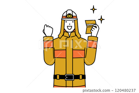 一名身穿防火服的消防員很高興看到他的銀行存摺。 120480237