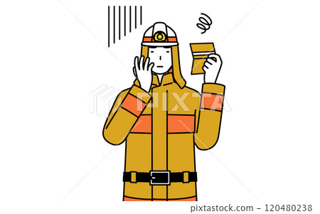 A firefighter in a fire suit is depressed when he sees his bankbook 120480238