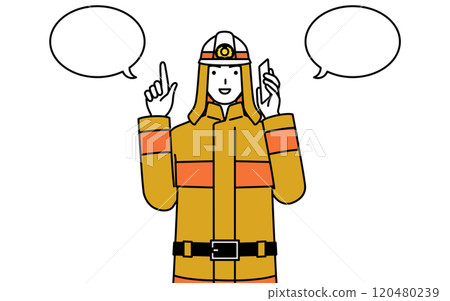 A firefighter in a fire suit pointing while talking on the phone 120480239