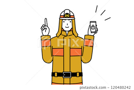 身穿防火服的消防員對智慧型手機採取安全措施 身穿防火服的消防員對智慧型手機採取安全措施 120480242