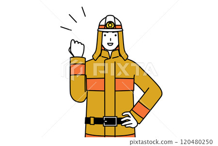 A firefighter in a fire suit making a fist pump 120480250