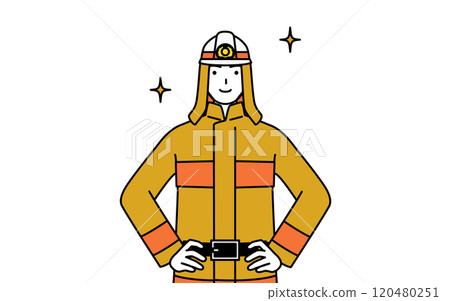 A firefighter in a fire suit with his hands on his hips 120480251
