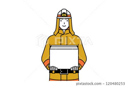 A firefighter in a fire suit carrying cardboard boxes 120480253