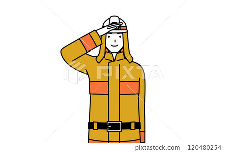 A firefighter in a fire suit saluting 120480254