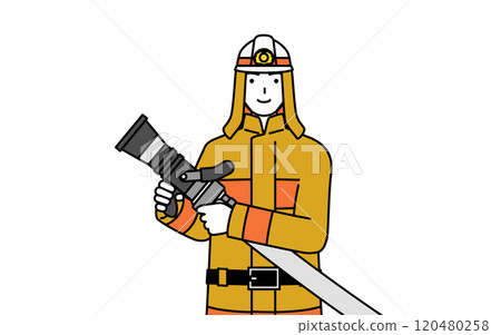 A firefighter in a fire suit holding a fire hose with a gun-type nozzle 120480258