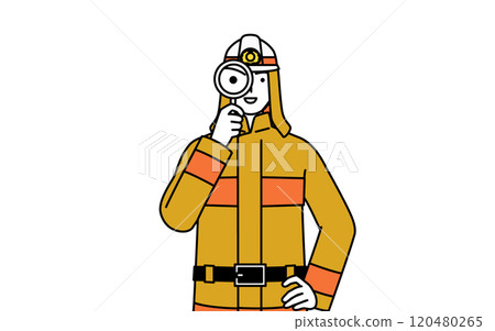 A firefighter in a fire suit holding a magnifying glass and putting his hand on his hip A firefighter in a fire suit holding a magnifying glass and putting his hand on his hip 120480265