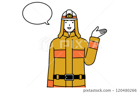 A firefighter in a fire suit giving directions, with a speech bubble A firefighter in a fire suit giving directions, with a speech bubble 120480266