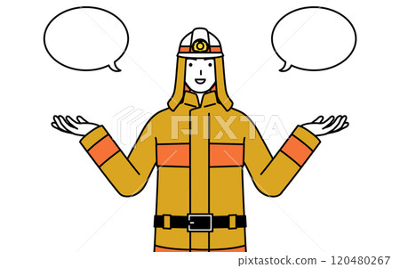 Firefighters in fire suits making a comparison, with speech bubbles 120480267