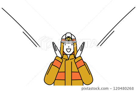 一名身穿消防服的消防員用手摀住嘴,向民眾呼喊。 一名身穿消防服的消防員用手摀住嘴,向民眾呼喊。 120480268