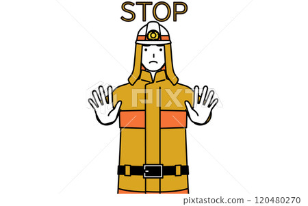 一名身穿消防服的消防員將手伸出身體前方示意停止。 一名身穿消防服的消防員將手伸出身體前方示意停止。 120480270