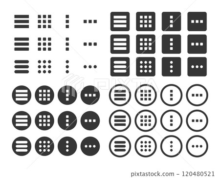 Hamburger menu symbol icons set. Menu icon for web and mobile apps. Buttons for website UI navigation. Vector illustration. Isolated on white backgrounds. 120480521