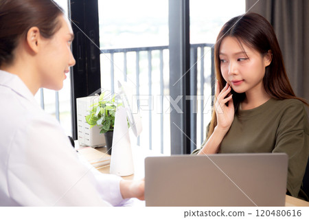 Young asian patient woman consulting with doctor in coat about wrinkle and skin. Young asian patient woman consulting with doctor in coat about wrinkle and skin. 120480616