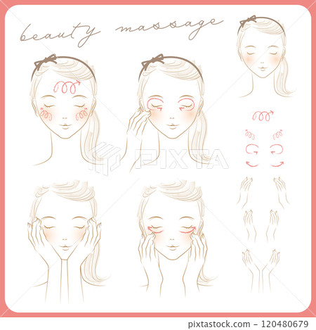 A woman is massaging her eyes, cheeks and face. Hand parts, arrow parts A woman is massaging her eyes, cheeks and face. Hand parts, arrow parts 120480679